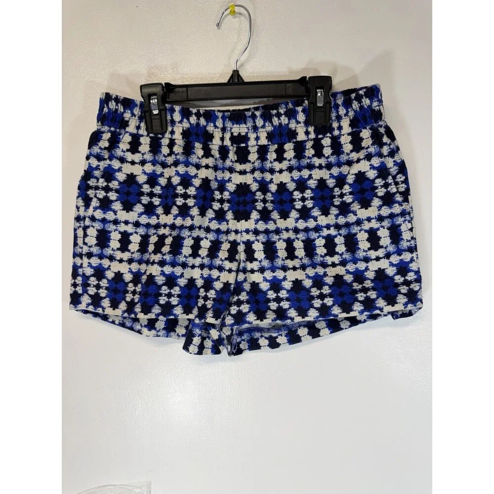 J Crew Women Boardwalk Elastic Pull On Shorts  Geometrc Multi Blue LINEN BLEND 2